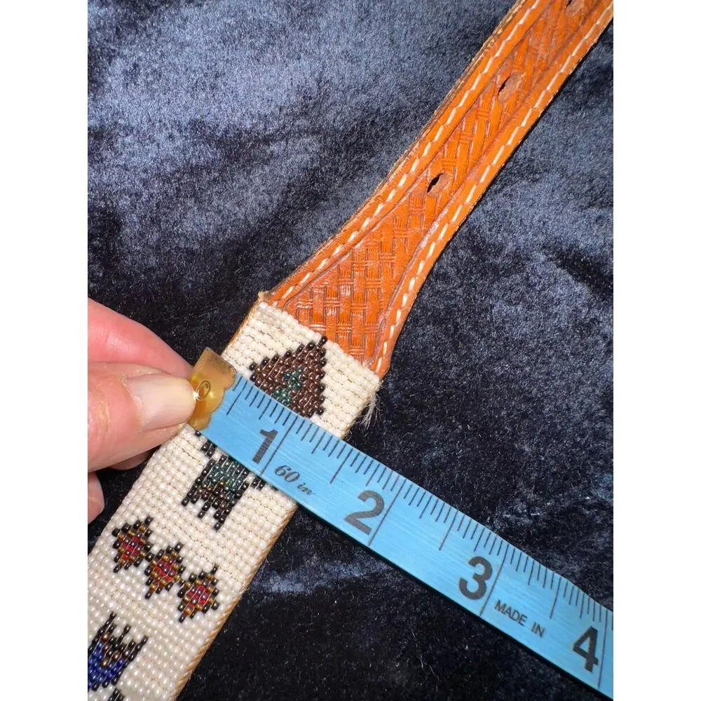 VINTAGE NATIVE GLASS INTRICATELY BEADED BELT ON TOOLED LEATHER